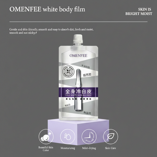 OMENFEE white body film cosmetic tube centered on a light lavender background with marketing text and four feature icons along the bottom.