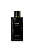 Black perfume bottle labeled 'Sara' on a white background