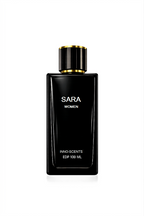 Black perfume bottle labeled 'Sara' on a white background