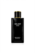 Black perfume bottle labeled 'Velvet Women' with gold cap on a white background
