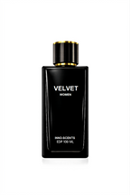 Black perfume bottle labeled 'Velvet Women' with gold cap on a white background