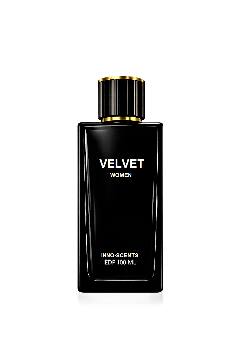 Black perfume bottle labeled 'Velvet Women' with gold cap on a white background