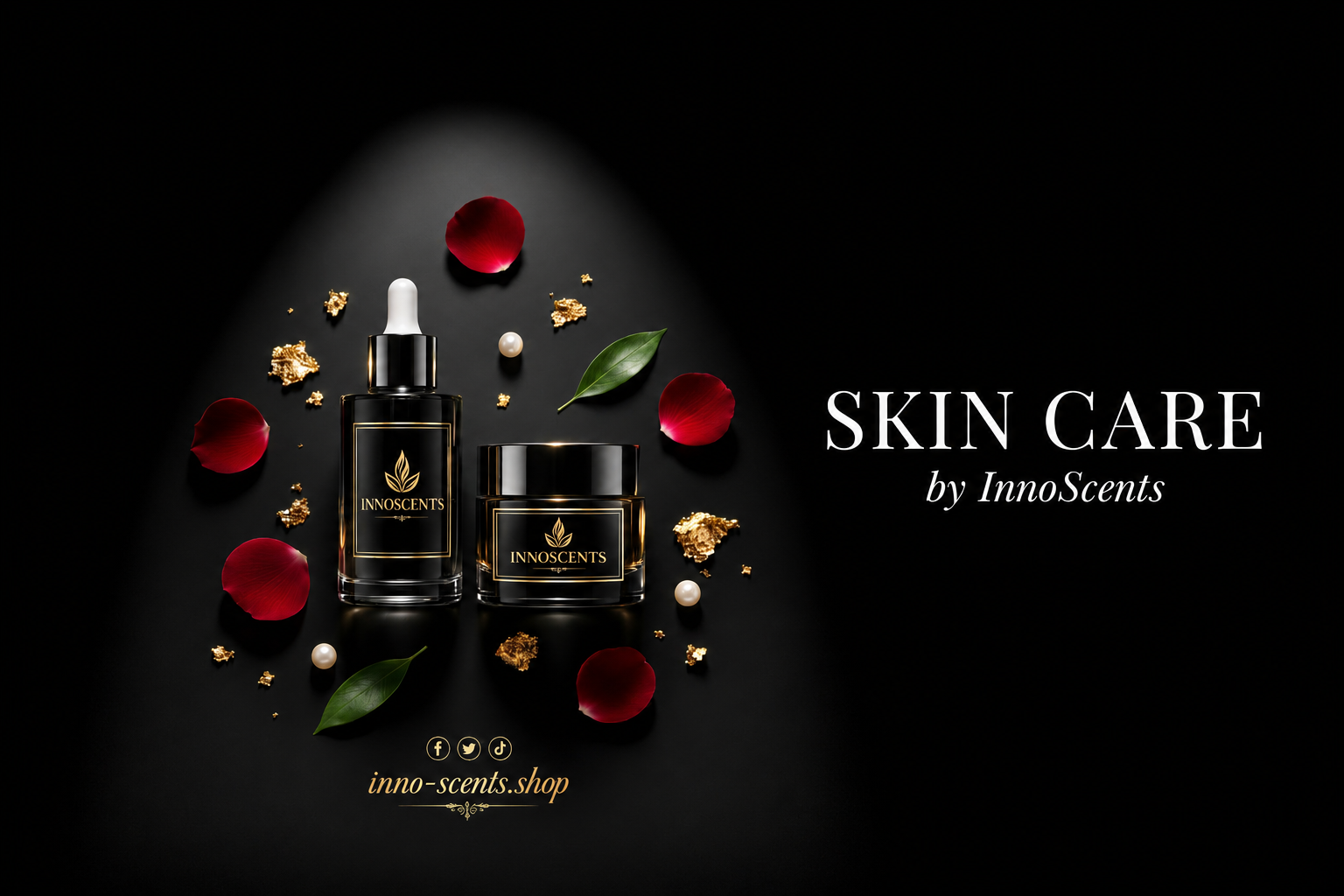 InnoScents skin care products with red flowers and gold leaves on a dark background