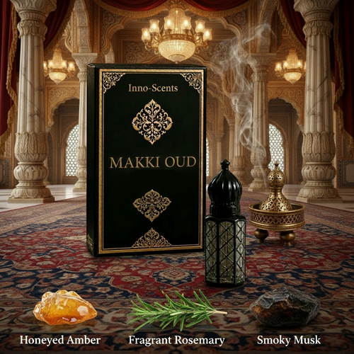 Inno-Scents Makki Oud packaging with oudh ingredients in a luxurious setting