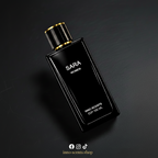 Black perfume bottle labeled 'SARA' on a dark background