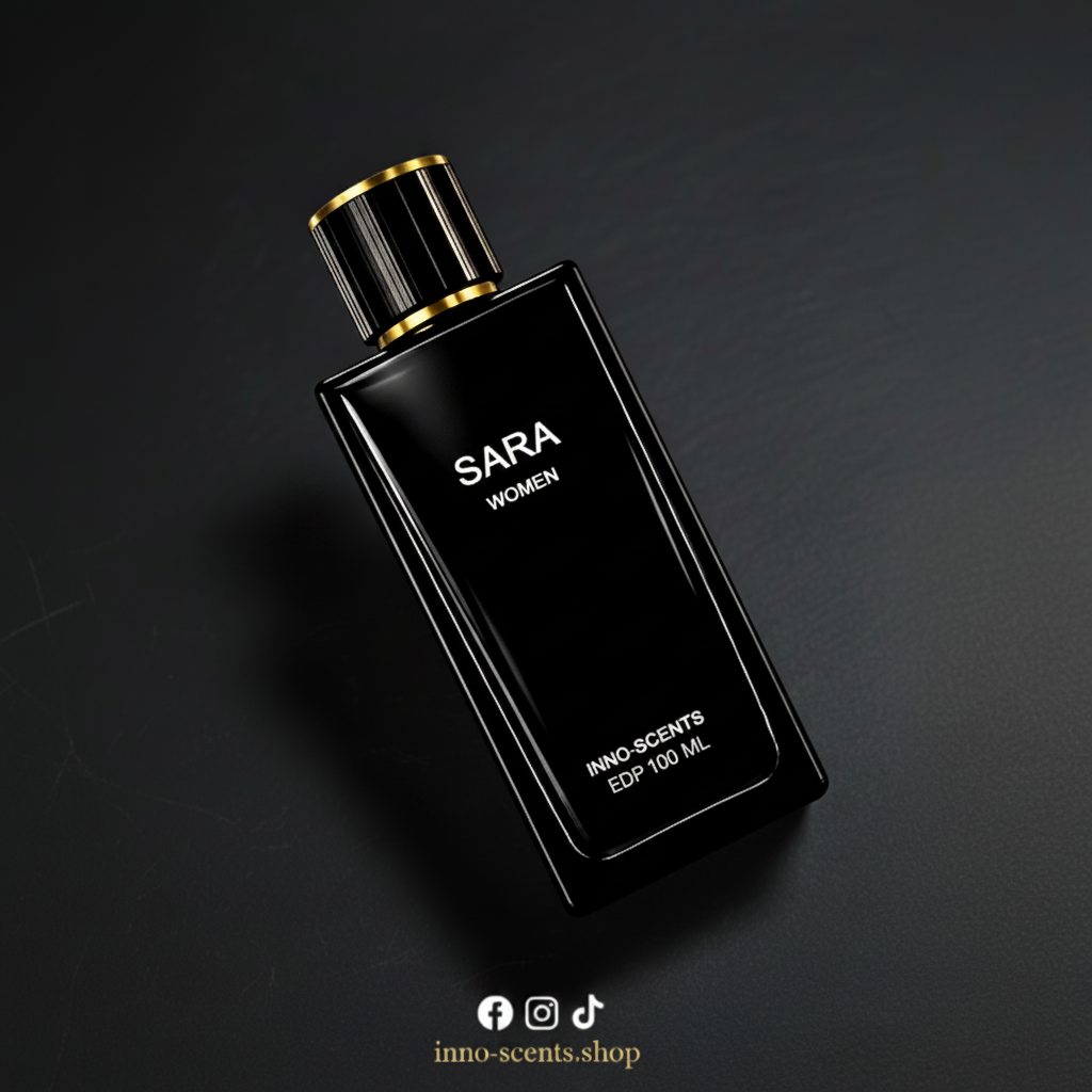Black perfume bottle labeled 'SARA' on a dark background