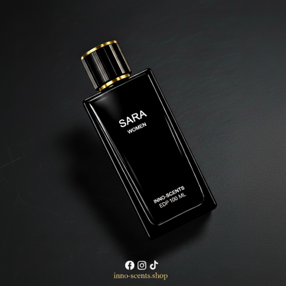 Black perfume bottle labeled 'SARA' on a dark background