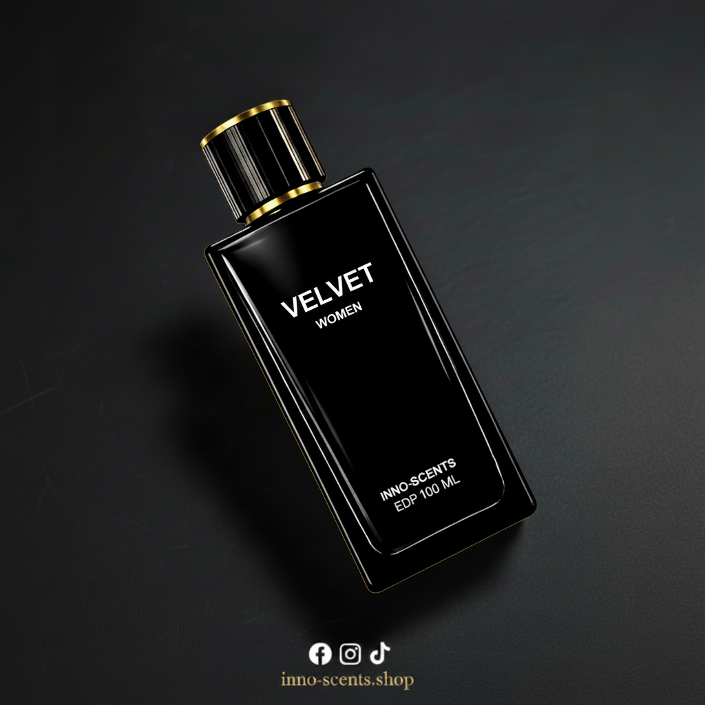 Black perfume bottle labeled 'Velvet Women' on a dark background