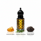 Perfume bottle with ingredients labeled 'Honeyed Amber', 'Fragrant Rosemary', and 'Smoky Musk' on a white background.