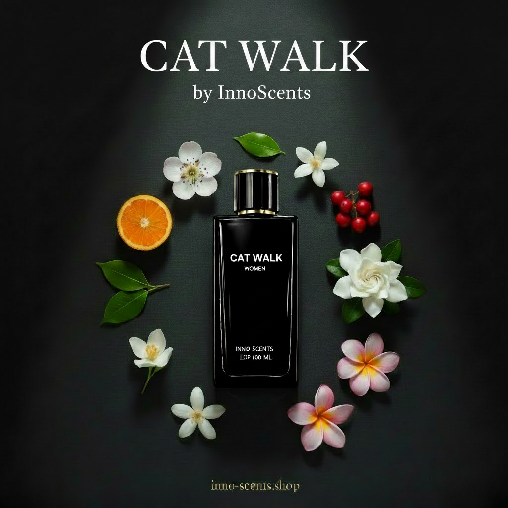 Perfume bottle labeled 'Cat Walk by InnoScents' surrounded by flowers and fruits on a dark background