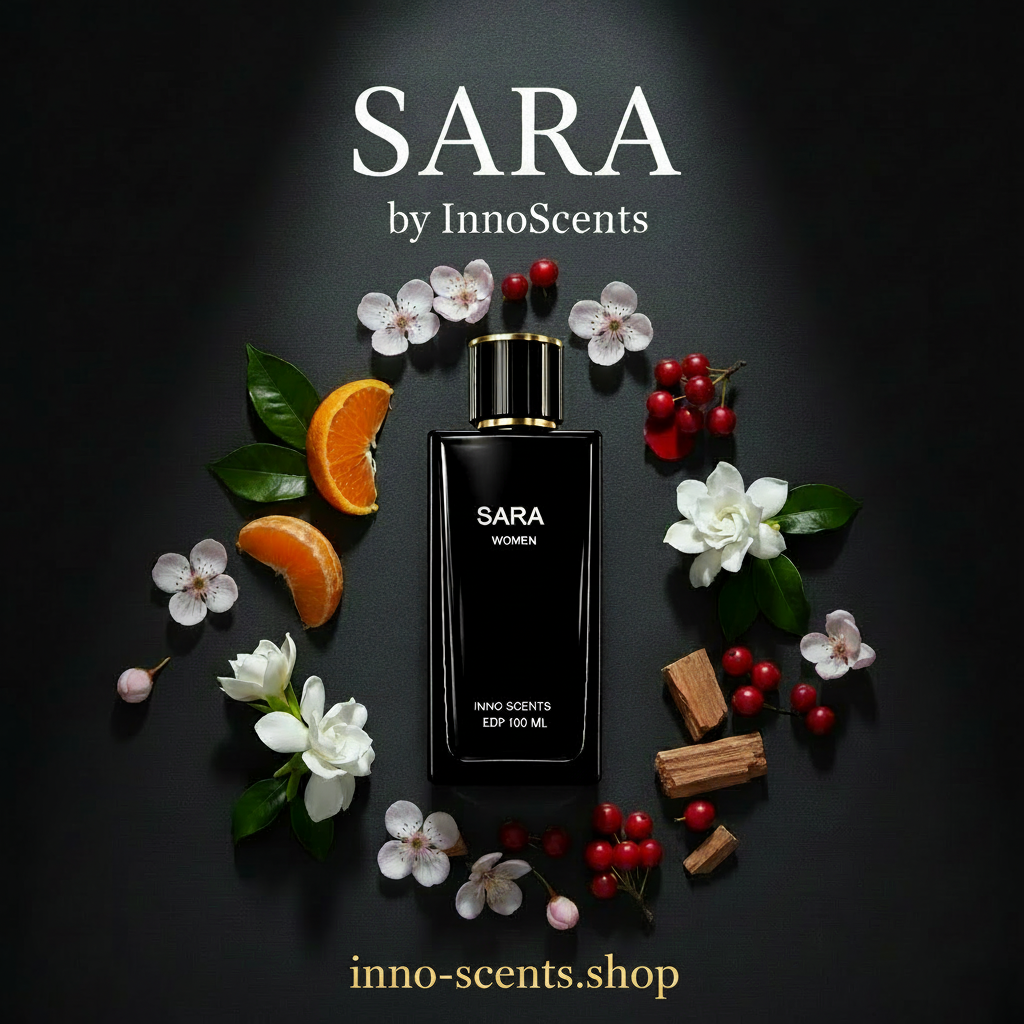 SARA by InnoScents perfume bottle with flowers and fruits on a dark background