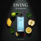 Perfume bottle labeled 'SWING by InnoScents' surrounded by fruits and leaves on a dark background.