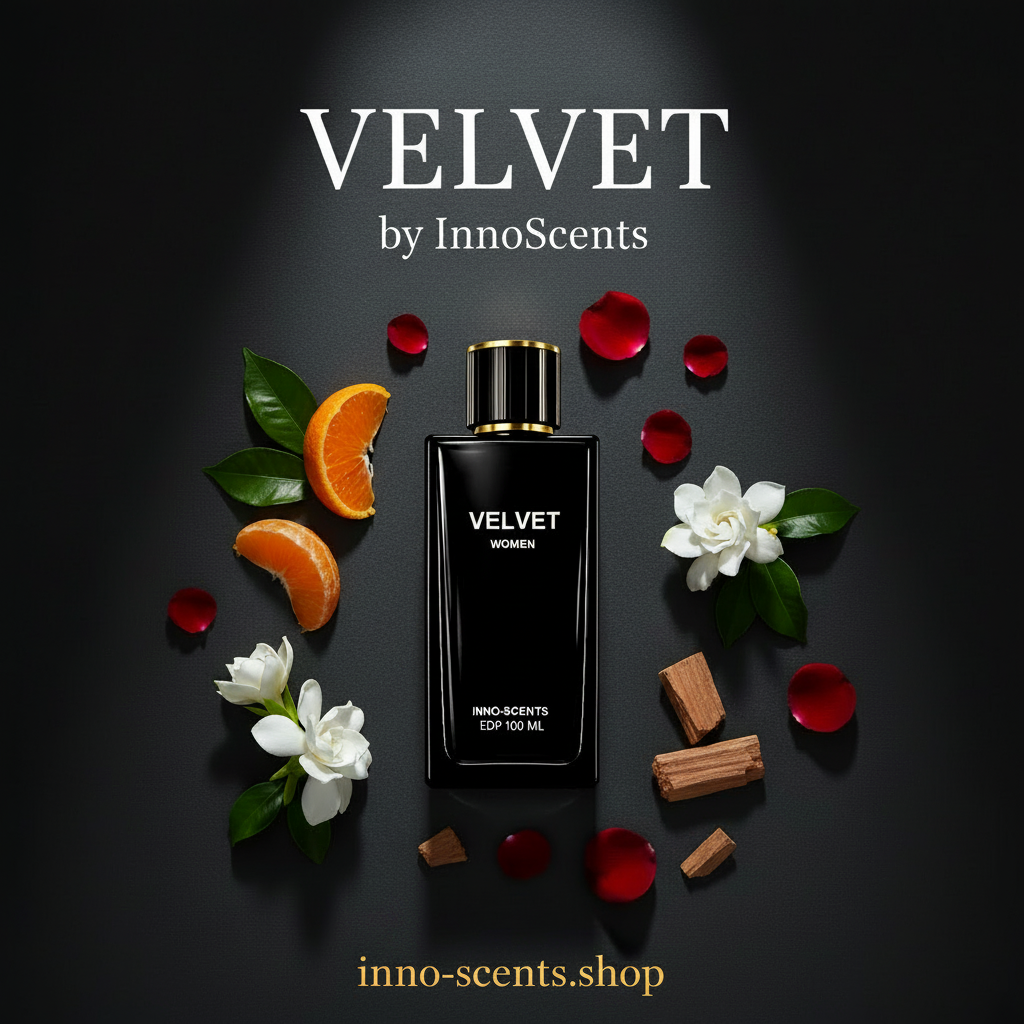 Perfume bottle labeled 'Velvet by InnoScents' surrounded by flowers, leaves, and oranges on a dark background.