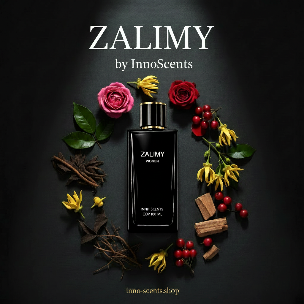 ZALIMY by InnoScents perfume bottle with flowers and spices on a dark background