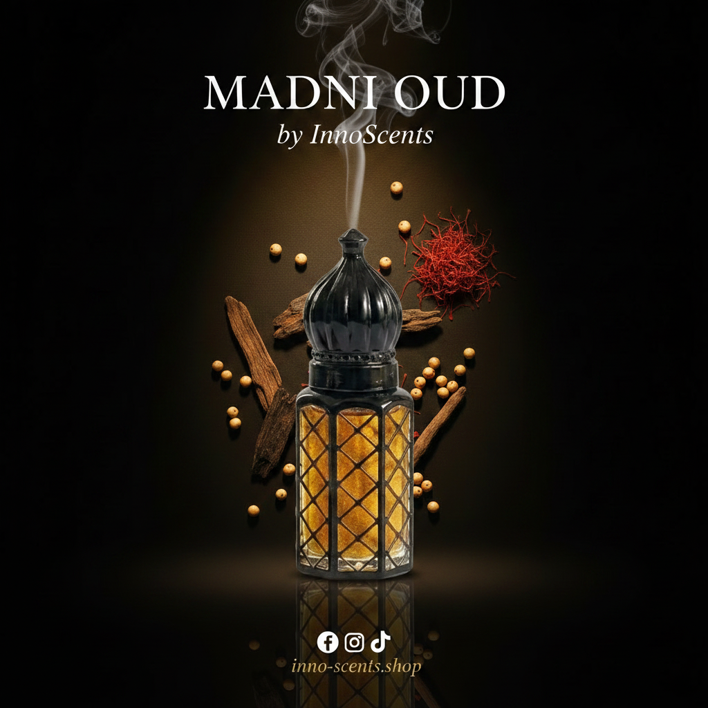 MADNI OUD by InnoScents with oudh bottle and spices on a dark background