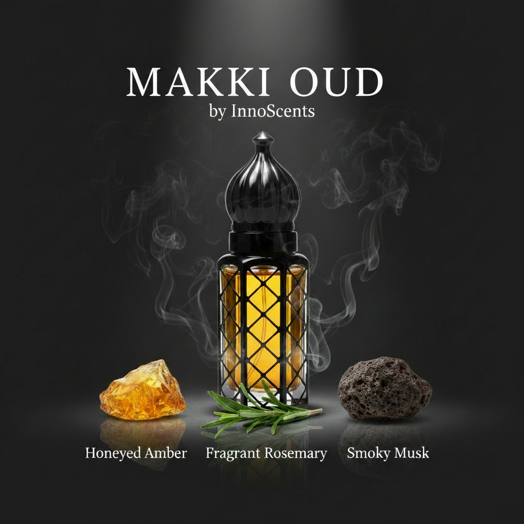 Makki Oud by InnoScents with a black bottle, honeycomb, rosemary, and amber on a dark background.