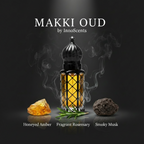 Makki Oud by InnoScents with a black bottle, honeycomb, rosemary, and amber on a dark background.