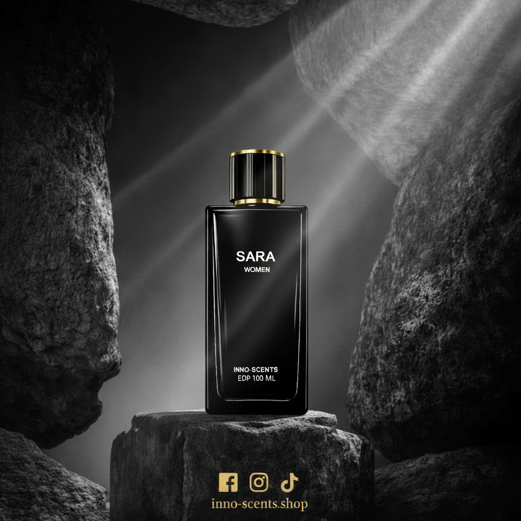 Perfume bottle labeled 'SARA' on a dark stone background