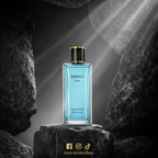 Perfume bottle labeled 'SWING' by 'inno-scents shop' on a dark rock background