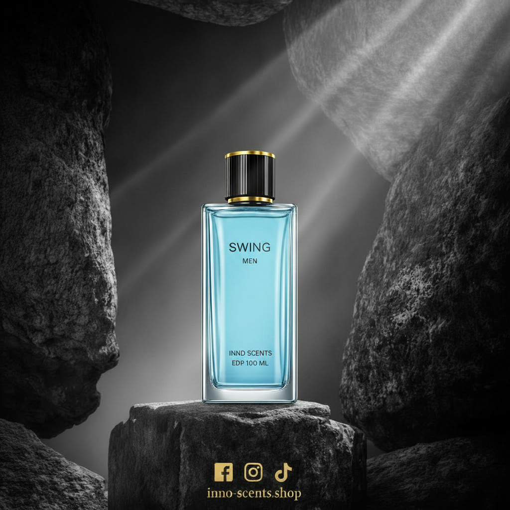 Perfume bottle labeled 'SWING' by 'inno-scents shop' on a dark rock background