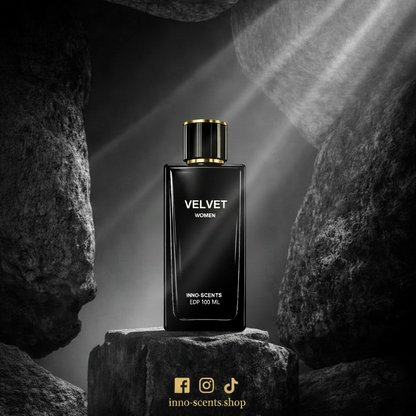 Black perfume bottle labeled 'Velvet' on a dark stone background with 'inno-scents shop' branding.