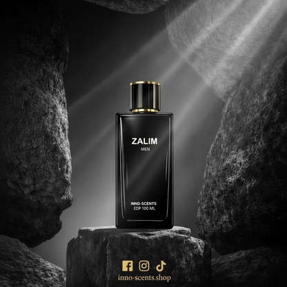 Perfume bottle labeled 'ZALIM' by INNO-SCENTS on a dark background with rocks.