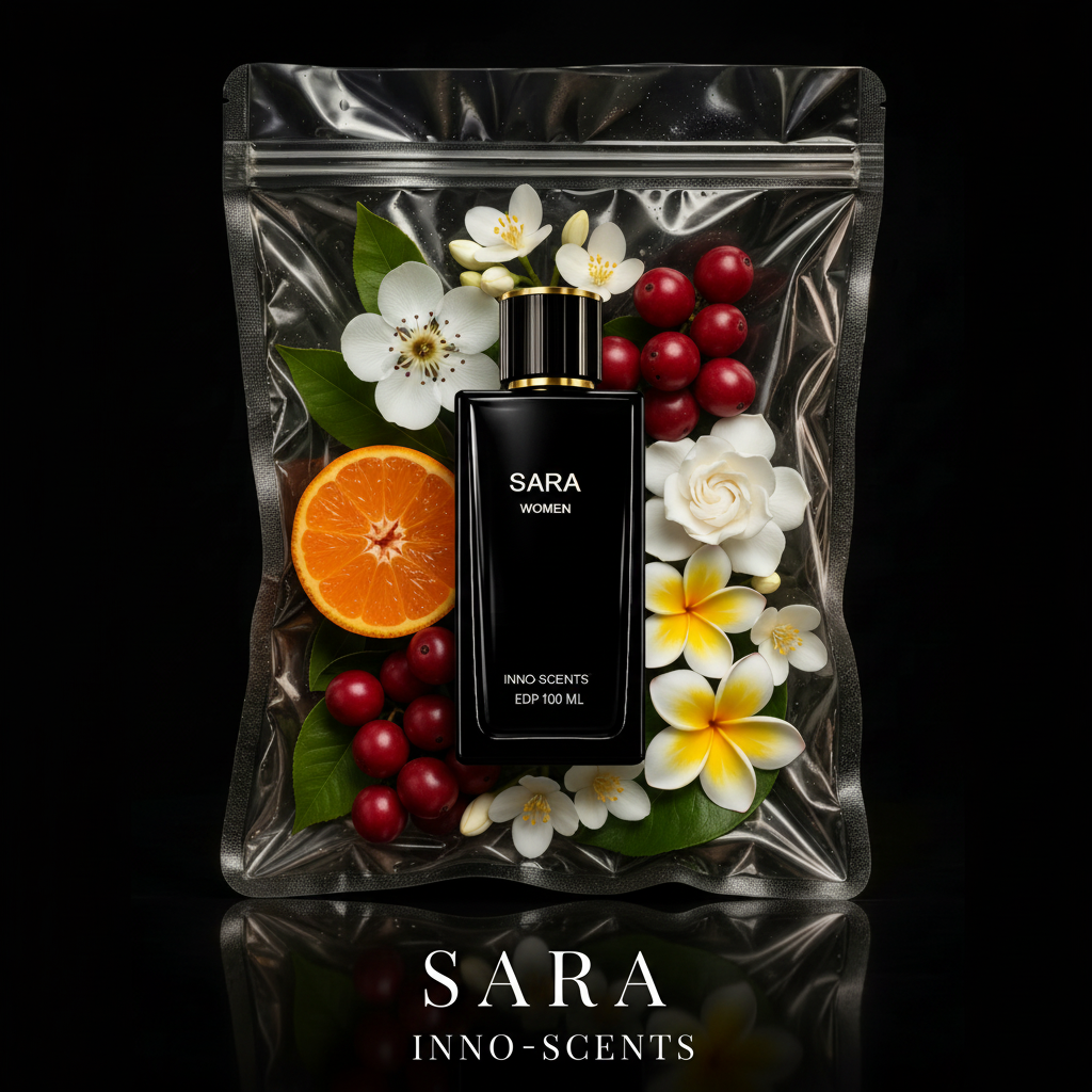 SARA perfume bottle with flowers and fruits on a reflective surface