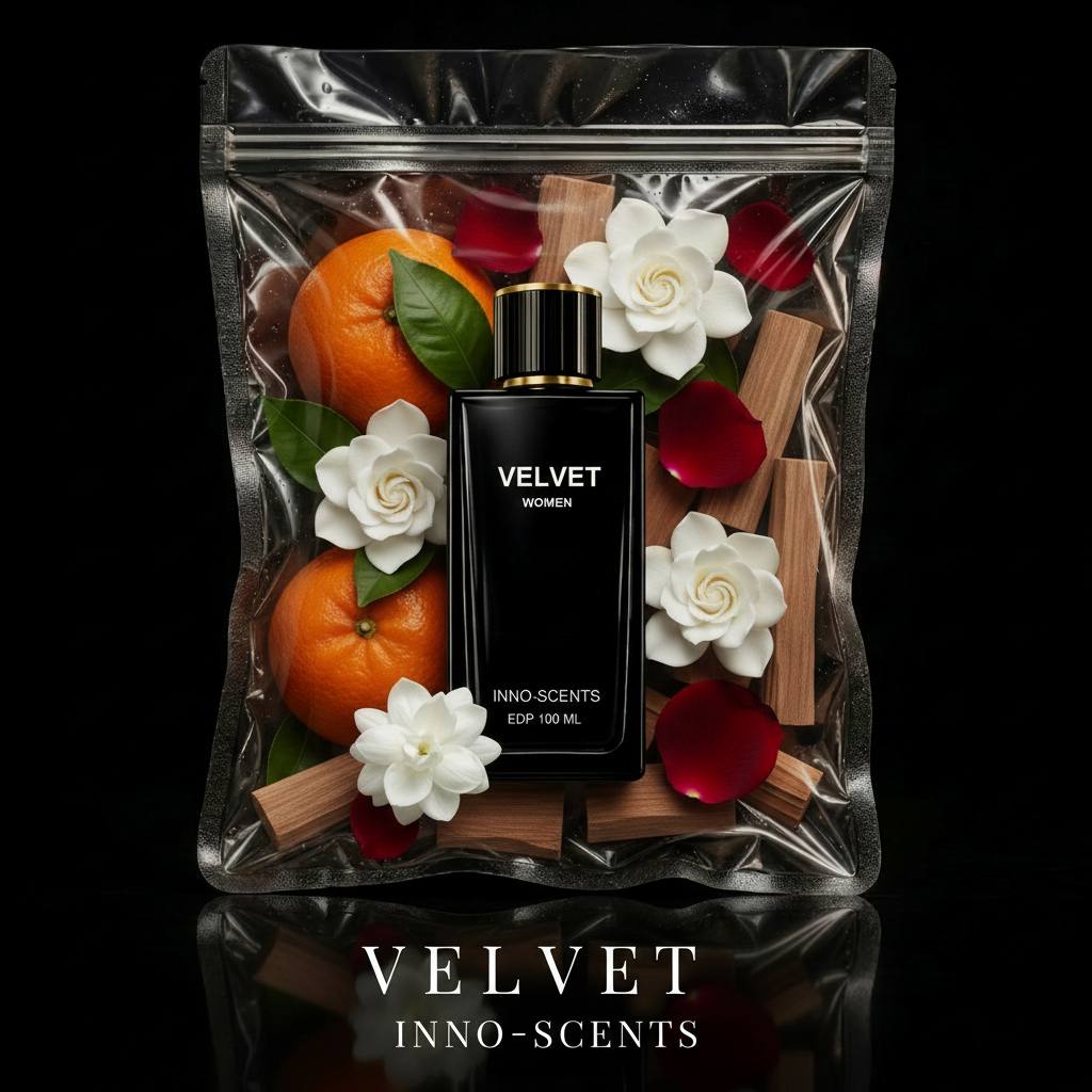 Velvet perfume bottle with flowers and oranges in a clear packaging on a black background