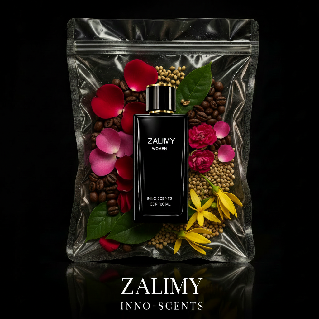 Zalimy perfume bottle surrounded by flowers and leaves on a reflective black surface