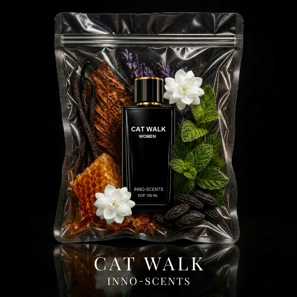Perfume packaging with 'Cat Walk' branding and natural elements on a reflective surface.