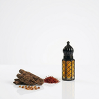 Traditional Middle Eastern spice blend with a black glass container on a white background