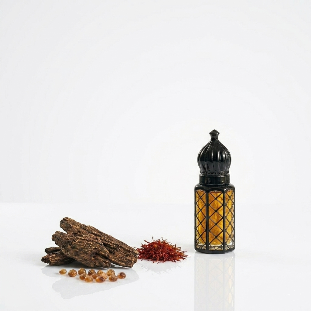 Traditional Middle Eastern spice blend with a black glass container on a white background