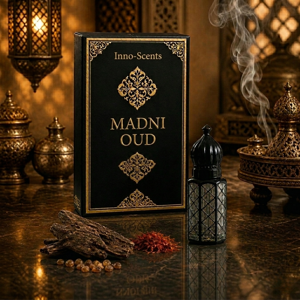 Inno-Scents Madni Oud packaging with oudh incense and lanterns in the background