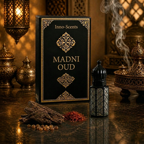 Inno-Scents Madni Oud packaging with oudh incense and lanterns in the background