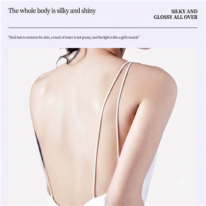 A woman shown from the back wearing a white camisole with very thin straps, set against a pale lavender background with promotional text about the fabric being silky and glossy.