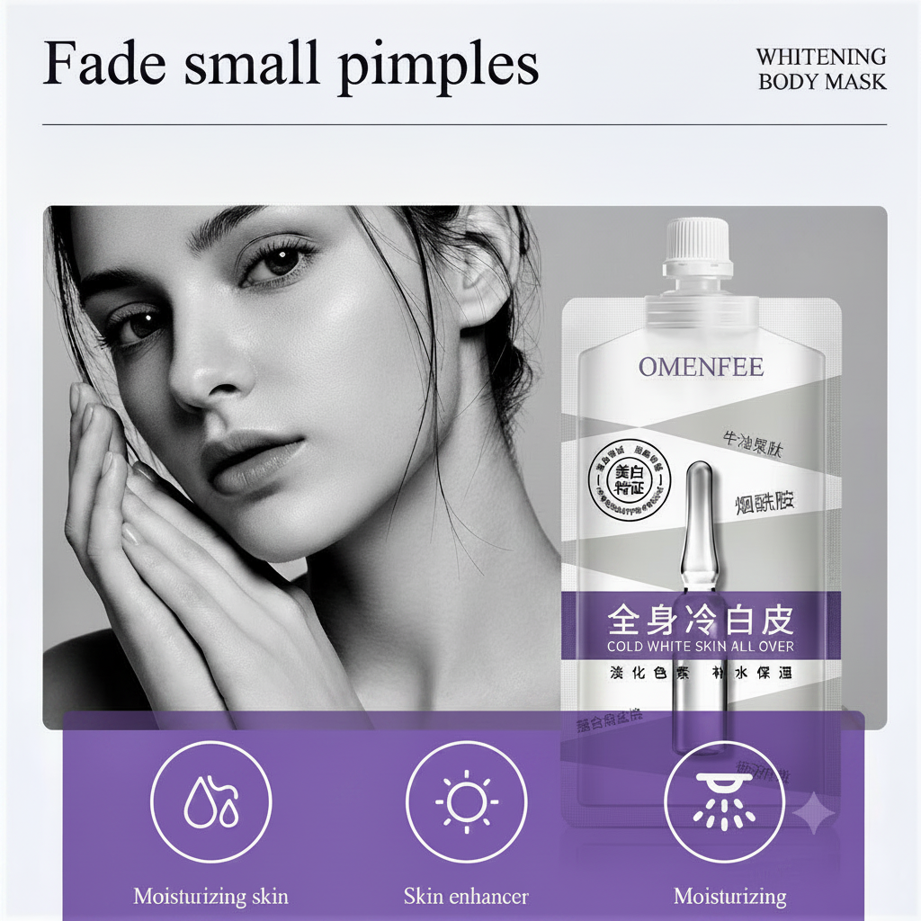 Promotional graphic for Omenfee body mask showing a close-up of a woman's face, a squeeze pouch of body mask, and an amorphous serum vial, with text describing whitening and moisturizing benefits.