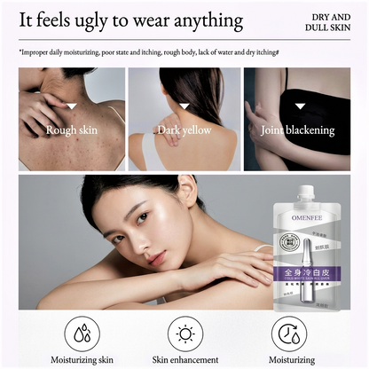 Promotional graphic for Omenfee skin whitening serum, featuring before-and-after style panels of a woman's shoulder, hair, and arm showing skin texture and tone improvement, alongside the product pouch and text claims.