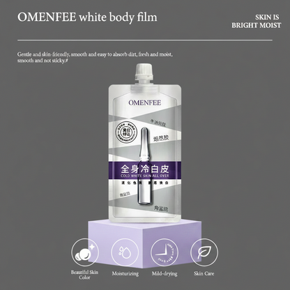 OMENFEE white body film cosmetic tube centered on a light lavender background with marketing text and four feature icons along the bottom.